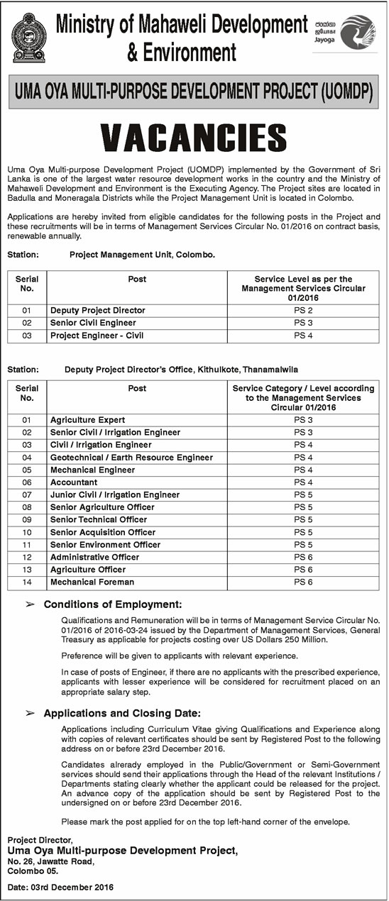 Deputy Project Director, Senior Civil Engineer, Project Engineer (Civil), Agriculture Expert, Engineer (Civil, Irrigation, Geotechnical, Earth Resource, Mechanical), Accountant, Agriculture Officer, Technical Officer, Acquisition Officer, Environment Officer, Administrative Officer, Agriculture Officer, Mechanical Foreman - Ministry of Mahaweli Development & Environment	